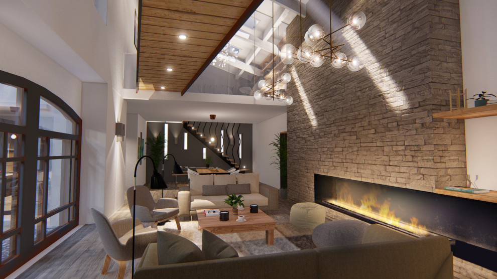 Пример оригинального дизайна: гостиная комната в современном стиле с бежевыми стенами, полом из керамической плитки, фасадом камина из каменной кладки, телевизором на стене и серым полом