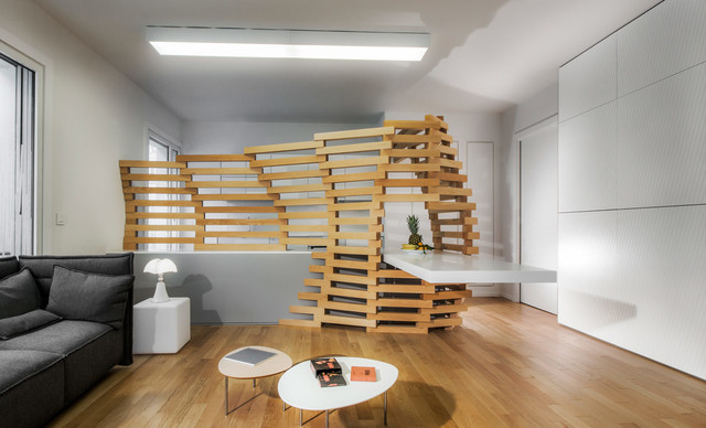 Séparation de séjour cuisine en bois - Contemporain - Salon - Paris