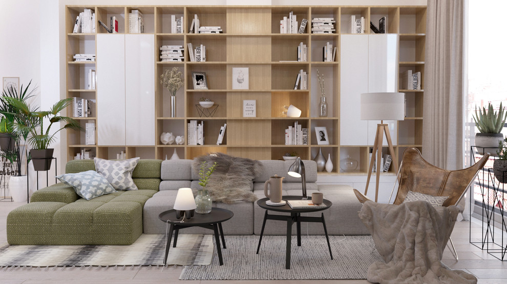 Inspiration for a medium sized scandinavian open plan living room in Brussels with white walls, light hardwood flooring, no fireplace, a wall mounted tv and beige floors.