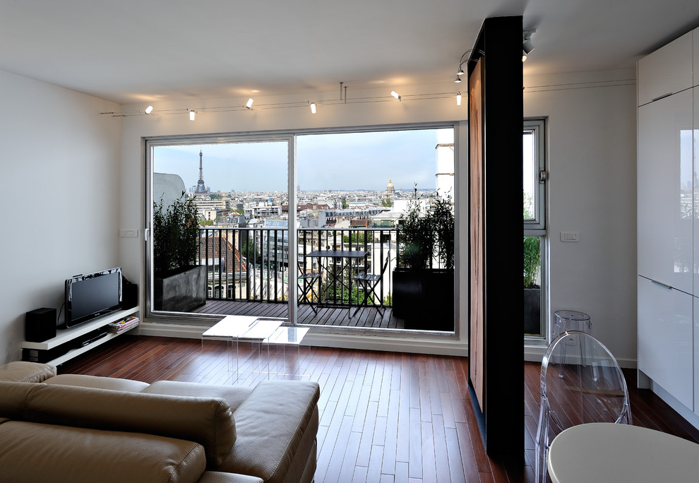 パリにあるコンテンポラリースタイルのおしゃれなリビング (茶色いソファ) の写真