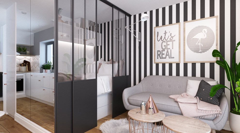 Свежая идея для дизайна: маленькая открытая гостиная комната в стиле шебби-шик с серыми стенами, светлым паркетным полом и телевизором на стене без камина для на участке и в саду - отличное фото интерьера