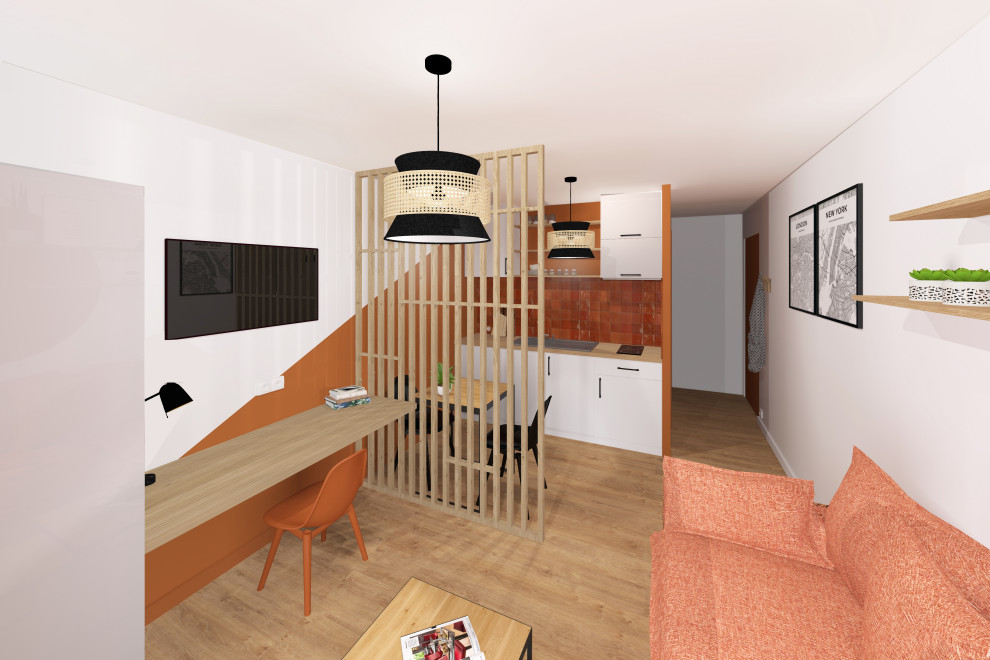 リヨンにある低価格の小さなコンテンポラリースタイルのおしゃれなLDK (オレンジの壁、淡色無垢フローリング、暖炉なし、据え置き型テレビ、茶色い床) の写真