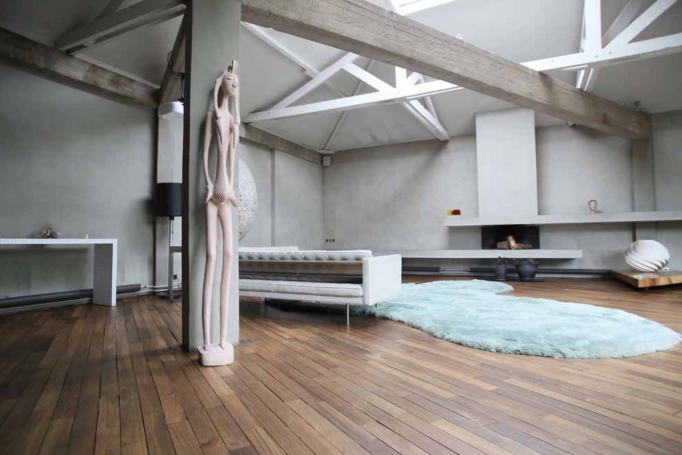 Living room - industrial medium tone wood floor living room idea in Paris with a hanging fireplace and a concrete fireplace