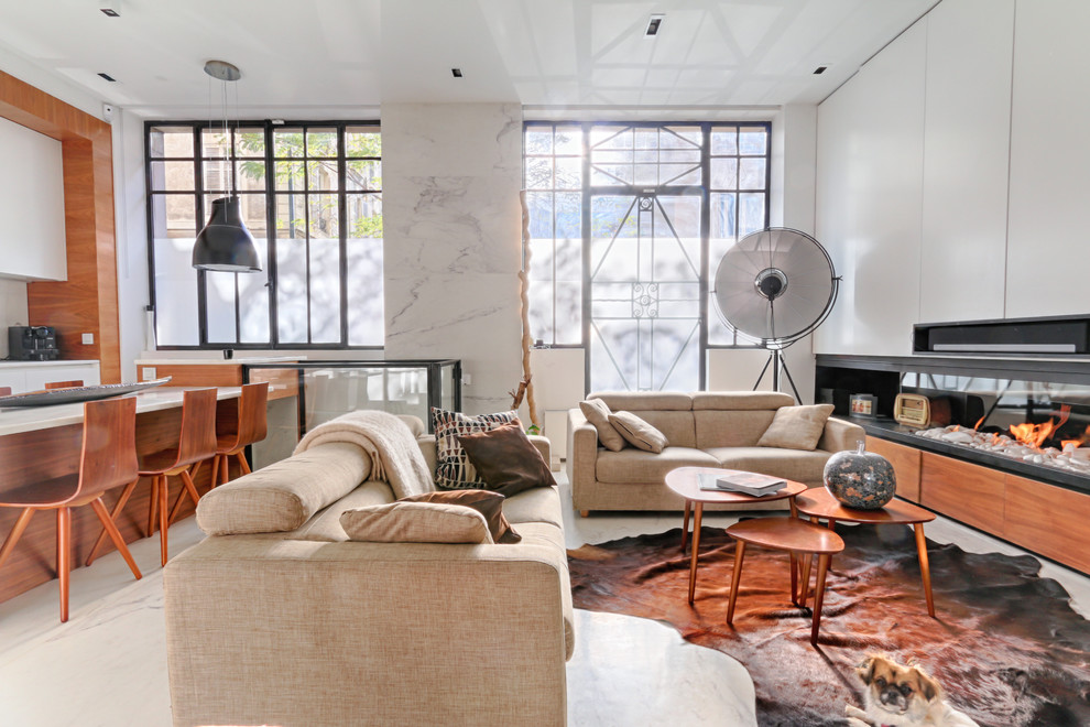 Offenes, Fernseherloses, Mittelgroßes Modernes Wohnzimmer mit Gaskamin und weißer Wandfarbe in Paris