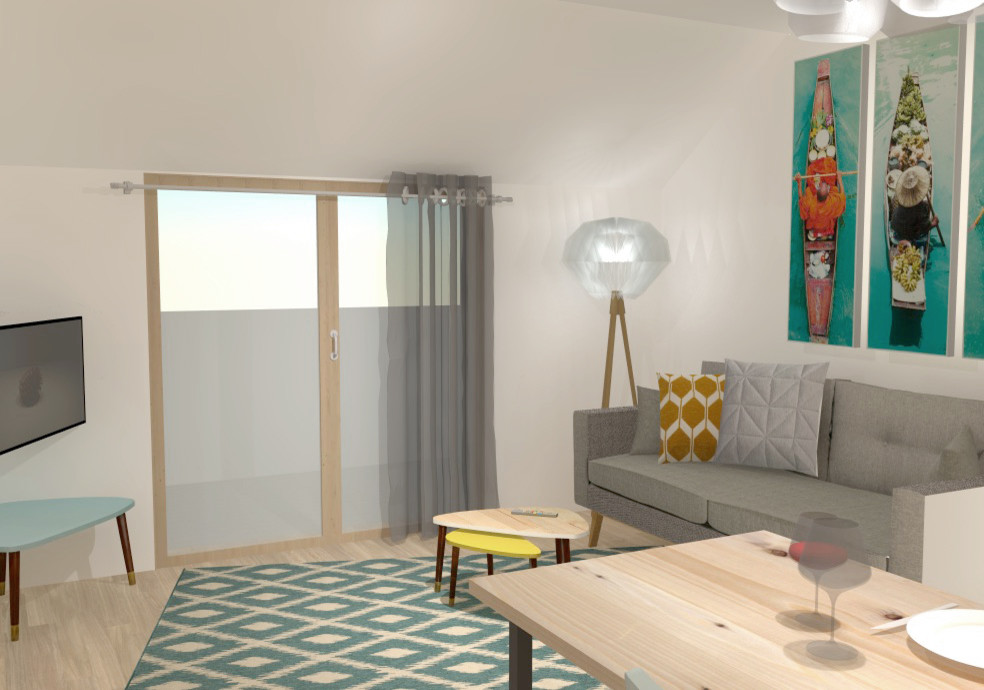 Стильный дизайн: открытая гостиная комната среднего размера в скандинавском стиле с белыми стенами, светлым паркетным полом, телевизором на стене и бежевым полом - последний тренд