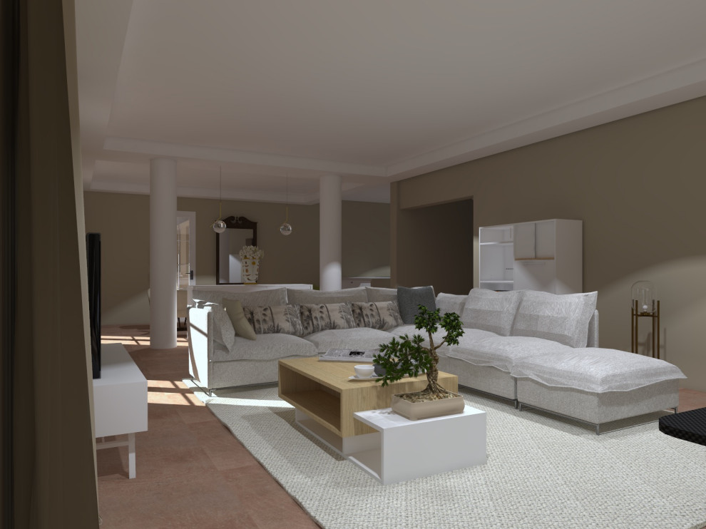 Modelo de salón abierto y abovedado grande con suelo de baldosas de terracota, estufa de leña, televisor colgado en la pared y suelo rosa