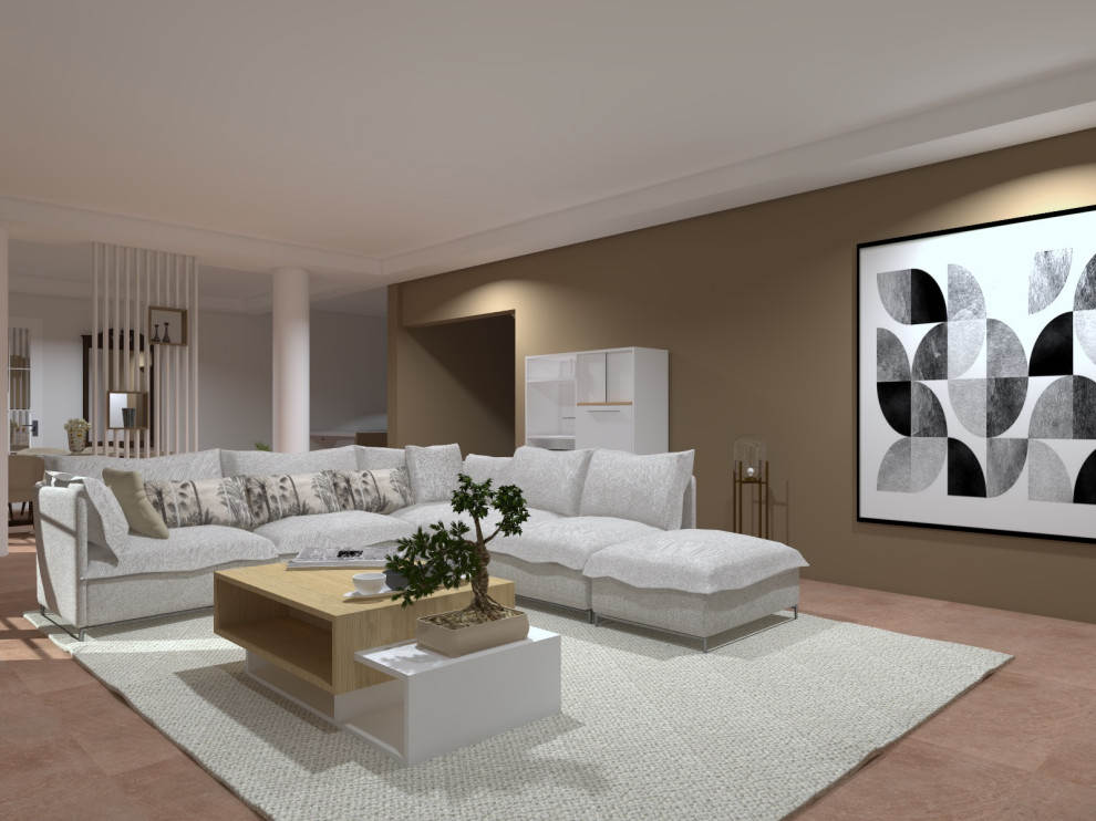 Diseño de salón abierto y abovedado grande con suelo de baldosas de terracota, estufa de leña, televisor colgado en la pared y suelo rosa