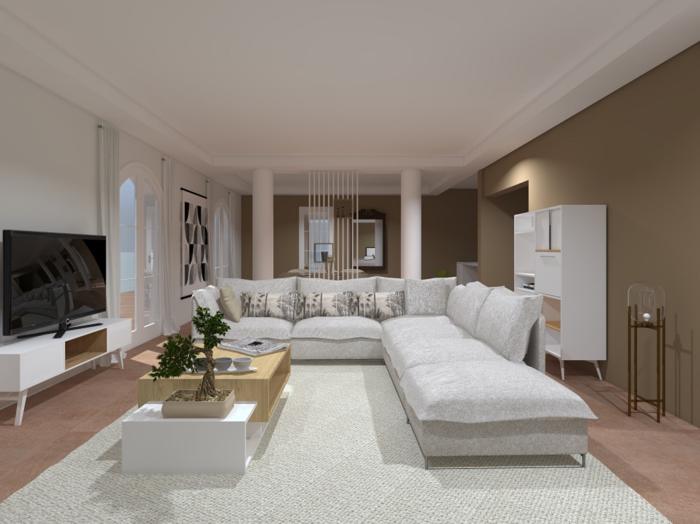 Modelo de salón abierto y abovedado grande con suelo de baldosas de terracota, estufa de leña, televisor colgado en la pared y suelo rosa
