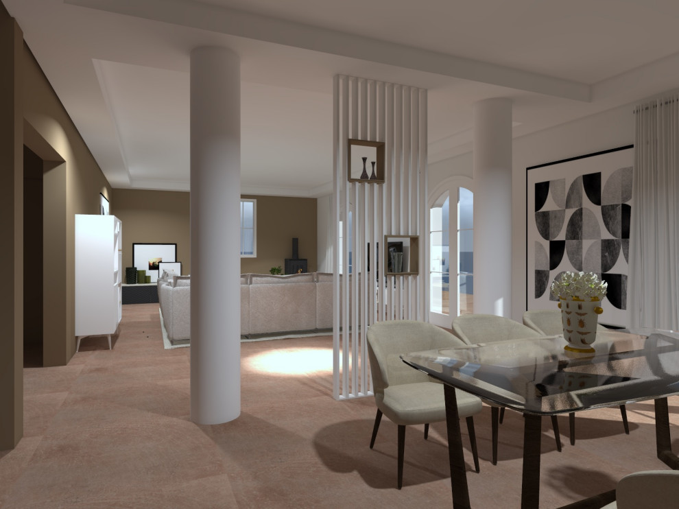 Идея дизайна: большая открытая гостиная комната с полом из терракотовой плитки, печью-буржуйкой, телевизором на стене, розовым полом и сводчатым потолком
