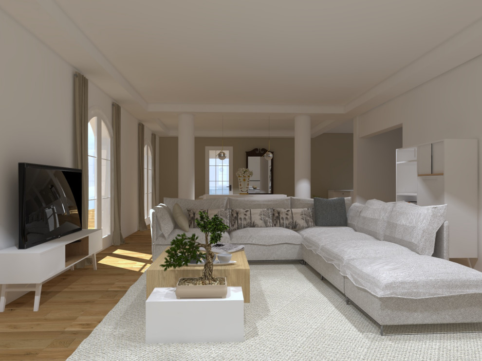Esempio di un grande soggiorno aperto con pavimento in terracotta, stufa a legna, TV a parete, pavimento rosa e soffitto a volta