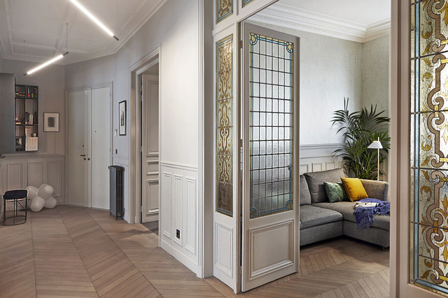 Vestibule, appartement haussmannien - Porte miroir invisible - Classique  Chic - Entrée - Paris - par Jean-Christophe Peyrieux | Houzz