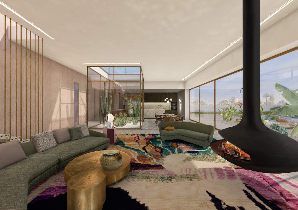 Exempel på ett stort modernt allrum med öppen planlösning, med betonggolv, en spiselkrans i metall, grått golv, en hemmabar, rosa väggar, en öppen vedspis och en väggmonterad TV