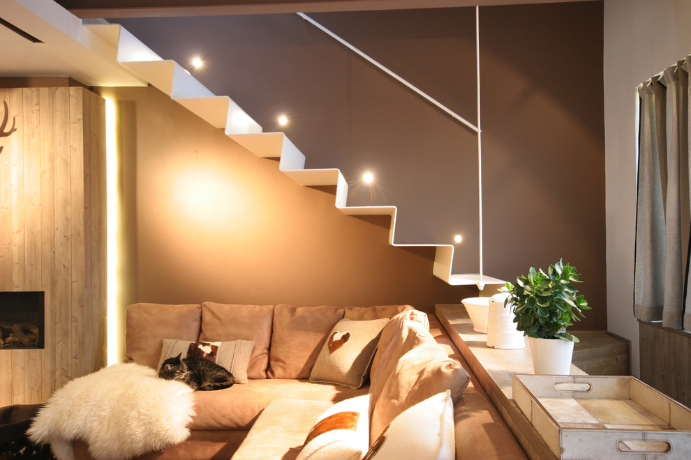Источник вдохновения для домашнего уюта: угловая металлическая лестница среднего размера в стиле рустика с металлическими ступенями