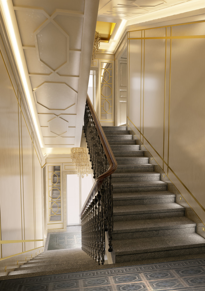 ヴェネツィアにある巨大なトラディショナルスタイルのおしゃれな折り返し階段の写真