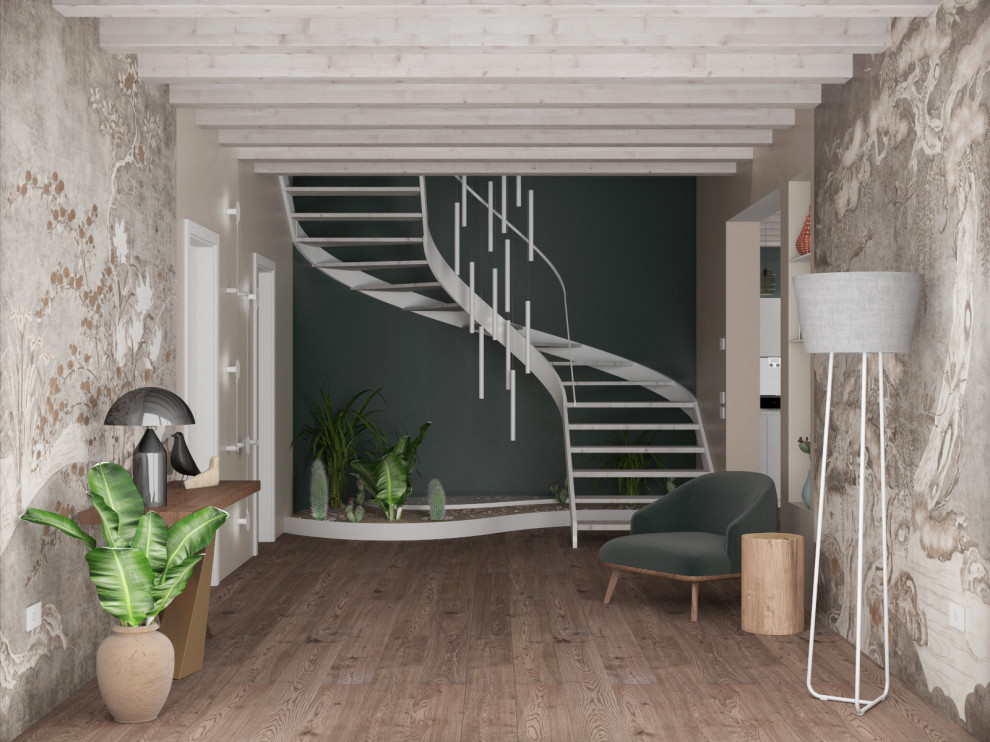 Свежая идея для дизайна: огромная изогнутая лестница в стиле модернизм с деревянными ступенями и металлическими перилами без подступенок - отличное фото интерьера