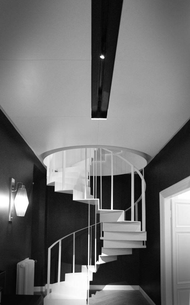 Cette photo montre un escalier hélicoïdal tendance de taille moyenne avec des marches en métal, des contremarches en métal et un garde-corps en métal.