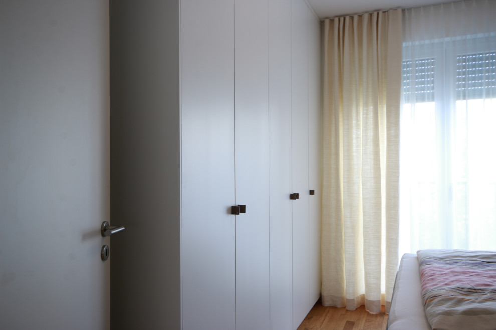 Inspiration for a contemporary master light wood floor bedroom remodel in Leipzig with white walls