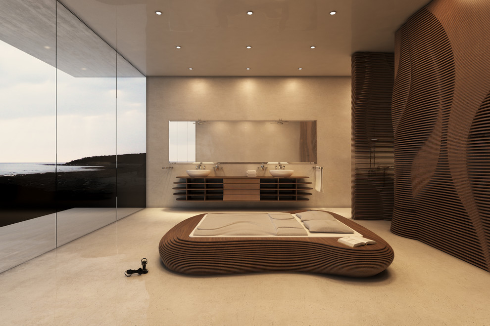 Geräumiges Modernes Schlafzimmer ohne Kamin mit weißer Wandfarbe in Sonstige