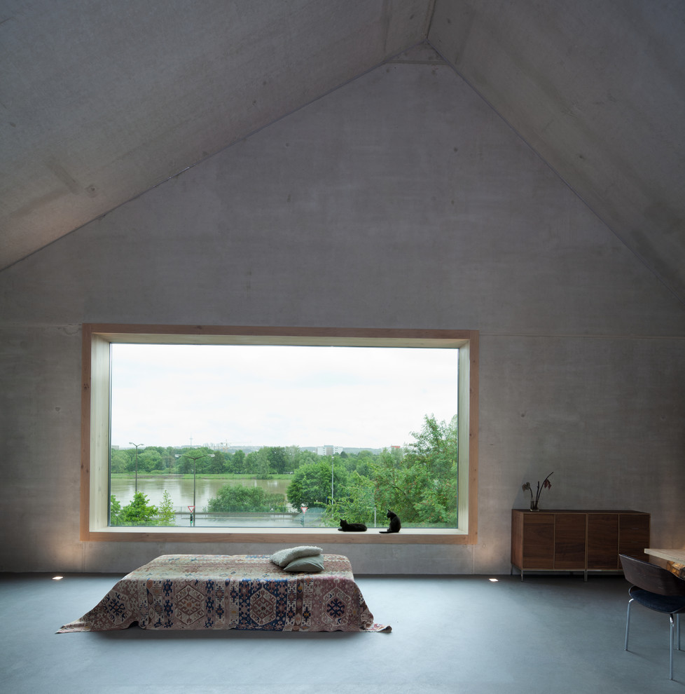 Mittelgroßes Modernes Schlafzimmer im Dachboden ohne Kamin, im Loft-Style mit grauer Wandfarbe, Betonboden und grauem Boden in Sonstige
