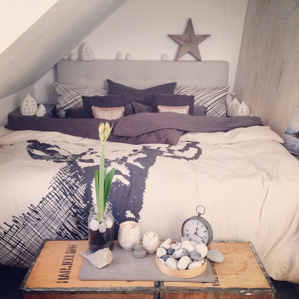Стильный дизайн: маленькая хозяйская спальня в стиле рустика с белыми стенами, полом из ламината, серым полом, сводчатым потолком и кроватью в нише для на участке и в саду - последний тренд