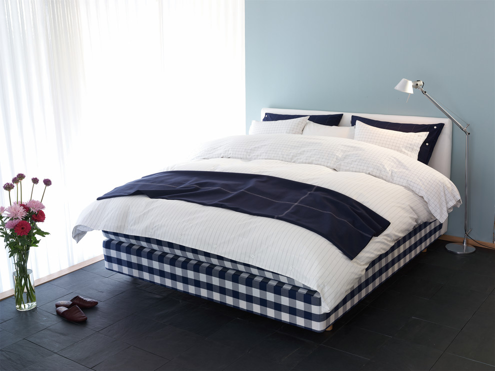 ニュルンベルクにある小さな北欧スタイルのおしゃれな寝室 (青い壁、スレートの床、黒い床)
