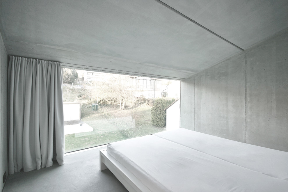 Idee per una camera da letto minimal di medie dimensioni con pareti grigie, pavimento in cemento e nessun camino