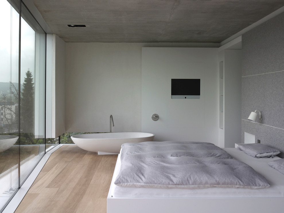 Idee per una camera matrimoniale minimalista di medie dimensioni con pareti bianche, parquet chiaro, nessun camino e pavimento marrone