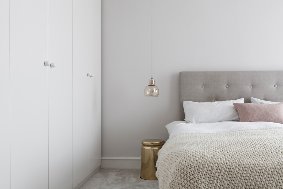 Idee per una camera matrimoniale minimalista di medie dimensioni con pareti grigie, moquette e pavimento grigio