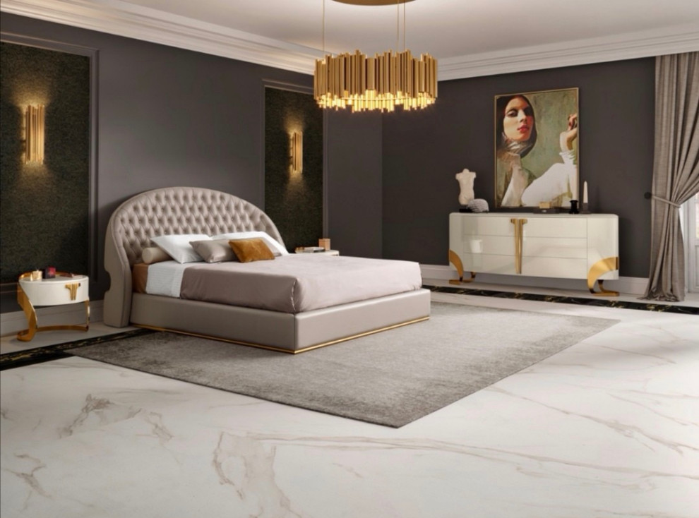 Photo of a large traditional master bedroom in Other with black walls, marble flooring and grey floors.