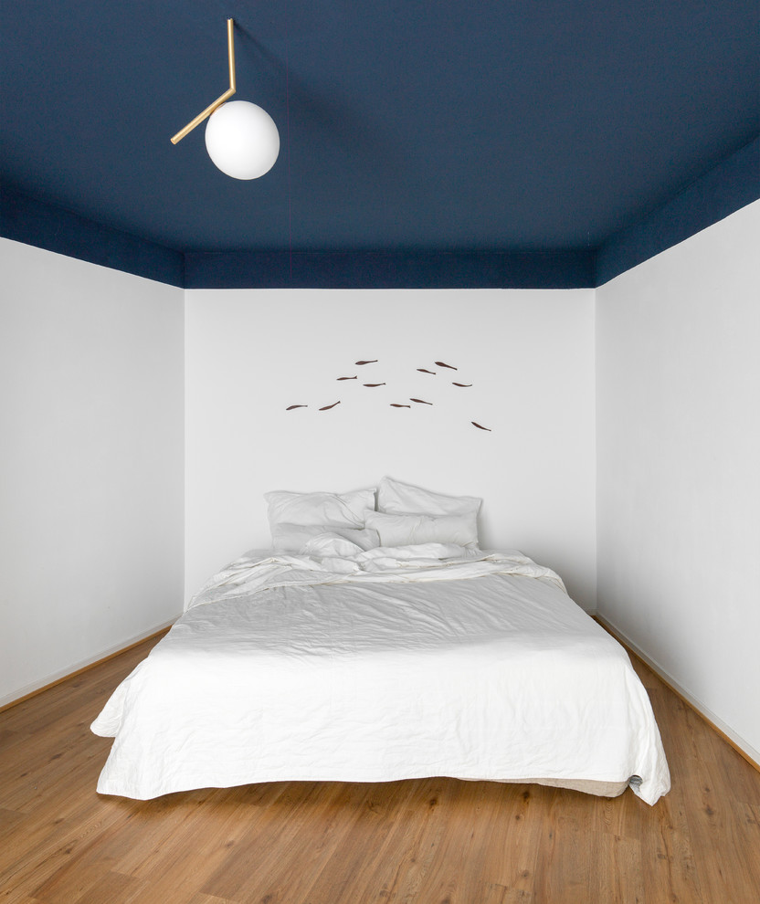 Mittelgroßes Maritimes Hauptschlafzimmer ohne Kamin mit blauer Wandfarbe, braunem Holzboden und braunem Boden in Hamburg