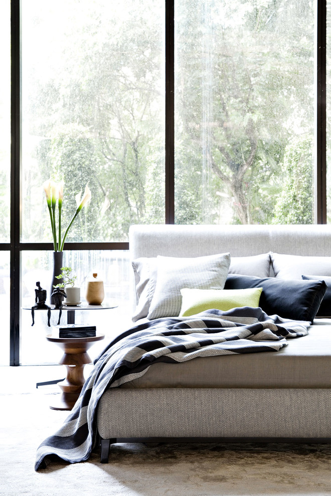 Пример оригинального дизайна: спальня в современном стиле с ковровым покрытием без камина