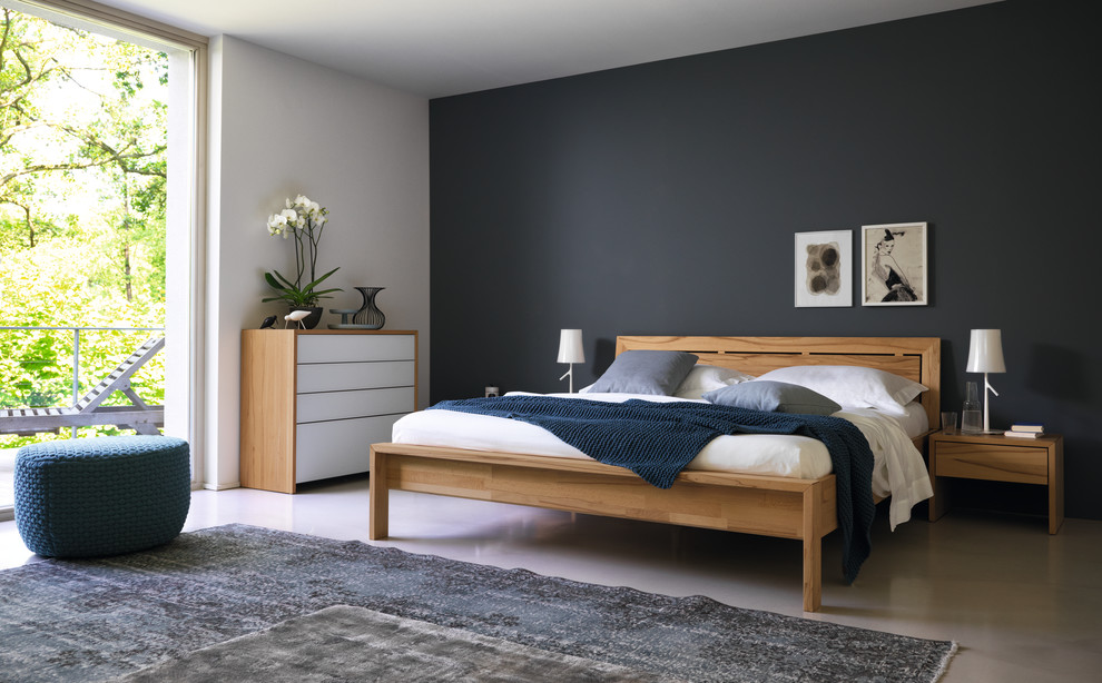 Пример оригинального дизайна: хозяйская спальня среднего размера в современном стиле с серым полом, бетонным полом и черными стенами без камина