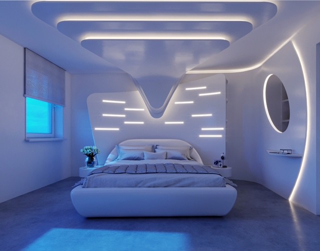 Imagen de dormitorio principal moderno de tamaño medio con paredes blancas, suelo de cemento y suelo gris