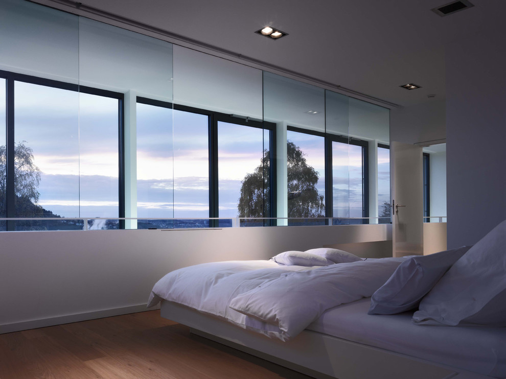Mittelgroßes Modernes Schlafzimmer ohne Kamin mit weißer Wandfarbe und braunem Holzboden in Stuttgart