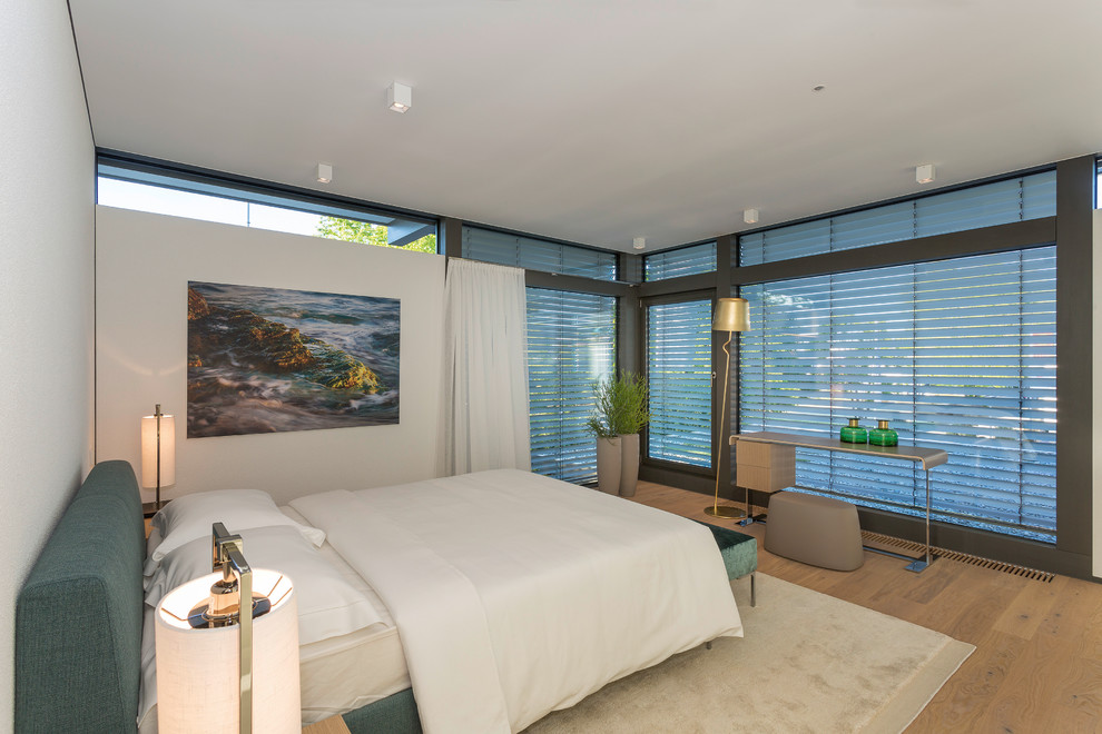 Großes Modernes Hauptschlafzimmer mit weißer Wandfarbe, hellem Holzboden und beigem Boden in Sonstige