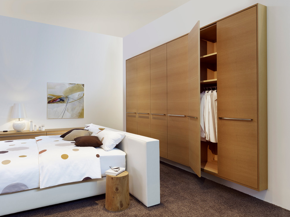Inspiration for a large contemporary bedroom in Dusseldorf with white walls, carpet and no fireplace.