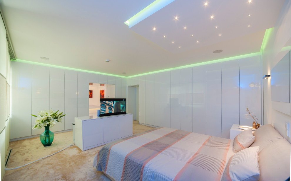 Ispirazione per un'ampia camera matrimoniale minimalista con pareti bianche, moquette e pavimento beige