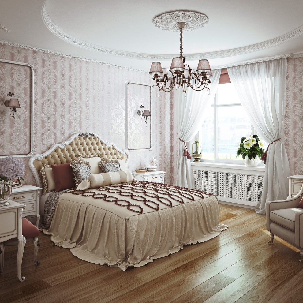 Photo of a medium sized victorian master bedroom in Frankfurt with pink walls, medium hardwood flooring and brown floors.