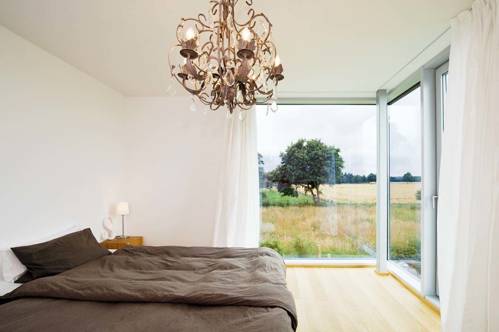 Immagine di una camera da letto contemporanea di medie dimensioni con parquet chiaro, pareti bianche e nessun camino
