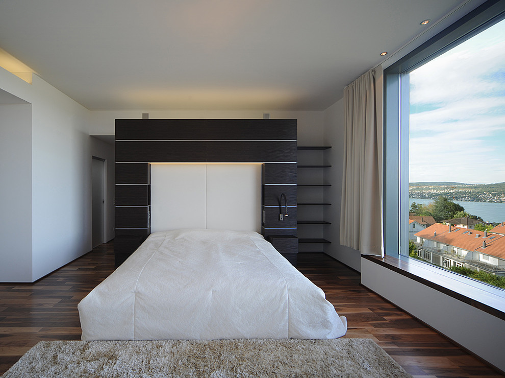 Ejemplo de dormitorio principal actual grande sin chimenea con paredes blancas y suelo de madera oscura