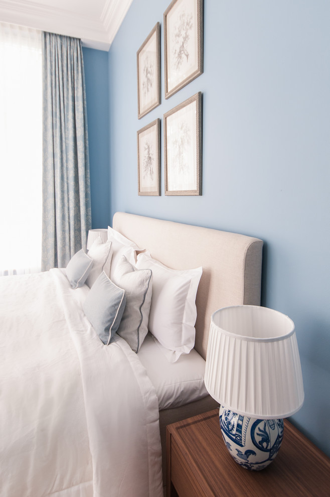 Kleines Klassisches Hauptschlafzimmer ohne Kamin mit blauer Wandfarbe und braunem Holzboden in Sonstige