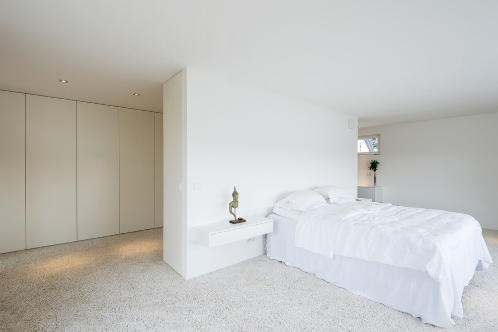 This is an example of an expansive contemporary master bedroom in Nuremberg with white walls, carpet and no fireplace.