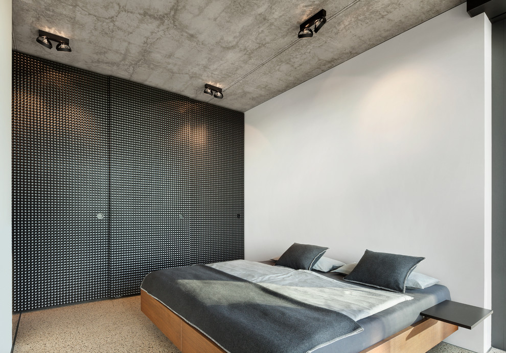 Esempio di una camera da letto minimalista di medie dimensioni con pareti bianche e pavimento multicolore