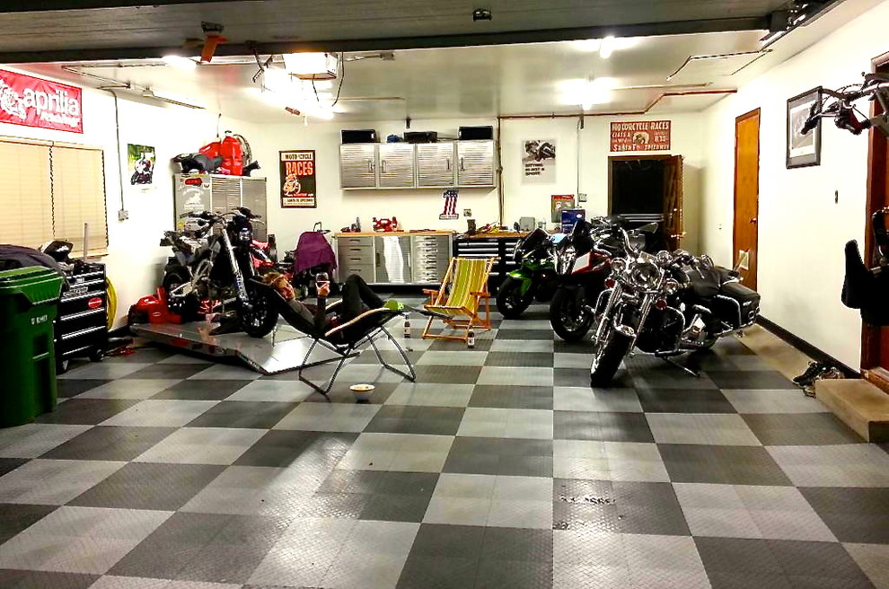 Home Motorcycle Garage With RaceDeck Garage Flooring Shed Salt Lake