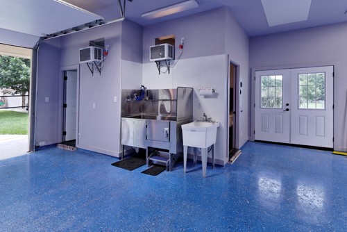 Metal dog washing system in a garage with a blue floor and a utility sink next to it. 