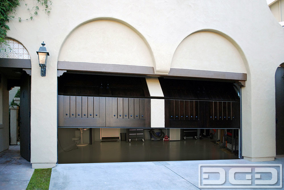 Mediterranean Style Garage Door in Clear Alder Wood Action Shot 5 of