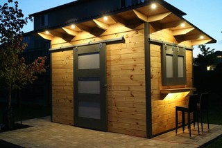 Modern Bar Shed with Sliding Barn door an siding Windows
