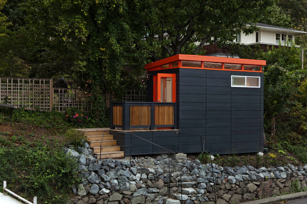 Inspiration for a small contemporary detached studio / workshop shed remodel in Seattle