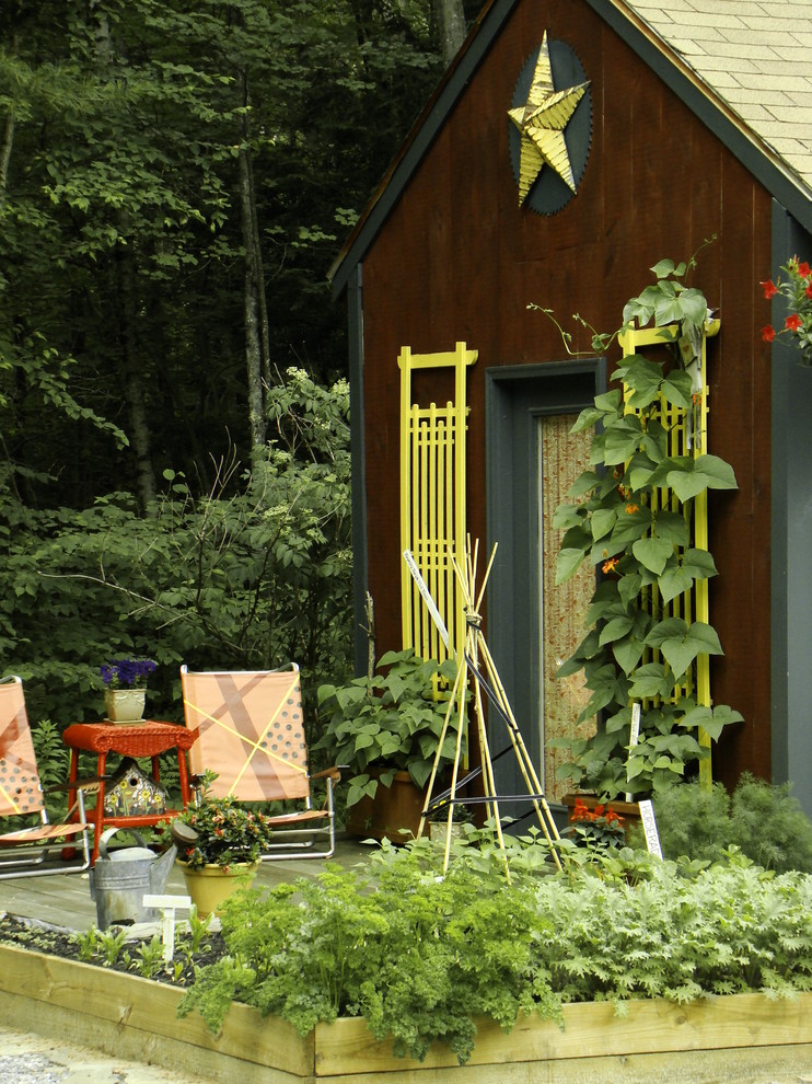 Inspiration for a rustic garden shed remodel in Portland Maine