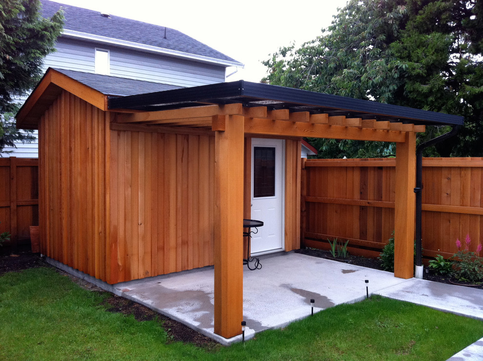 Steveston Custom Cedar Shed with Pergola Craftsman Shed Vancouver
